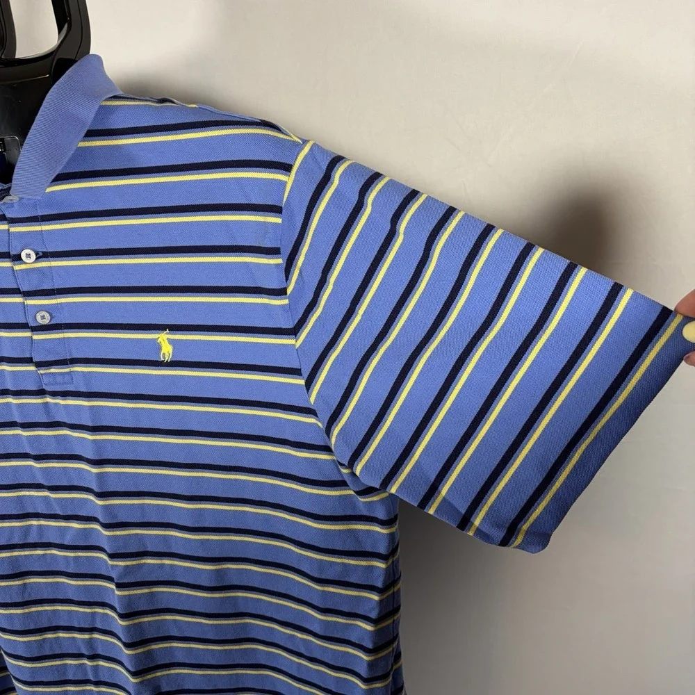 Polo Golf Large Mens Ralph Lauren Pima Cotton Blue Yellow Stripe Shirt Preppy